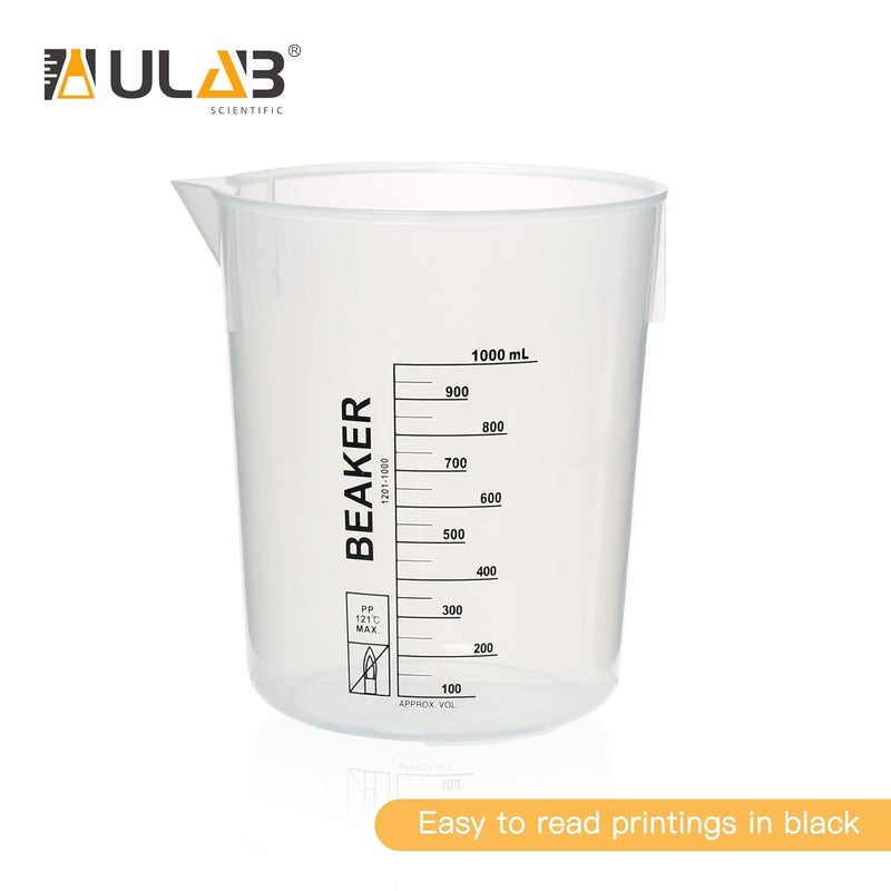 ULAB Scientific Stackable Graduated Plastic Beakers, 3pcs of 1000ml(33.8oz), with Easy-to-Read Printings in Black, UBP1014 - Image 4